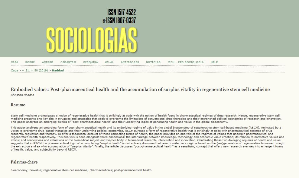 Embodied values: post-pharmaceutical health and the accumulation of surplus vitality in regenerative stem cell medicine
